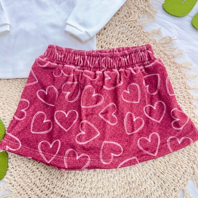 Conj. Blusa I Shine I Smile e Short Saia Corações em Plush - Off White e Vermelho